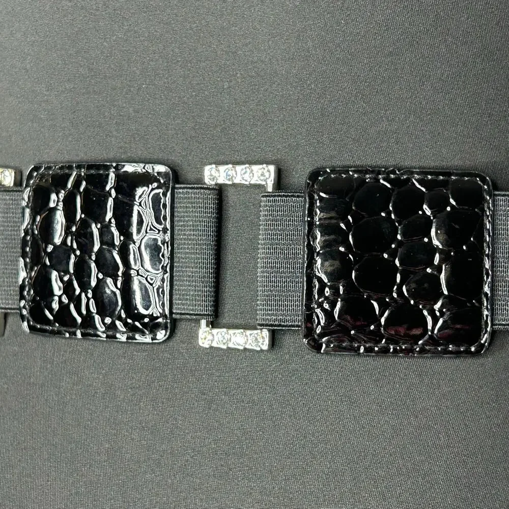 Y2K Black Faux Croc Rhinestone Stretch Hip Belt Statement Waist Belt 30”